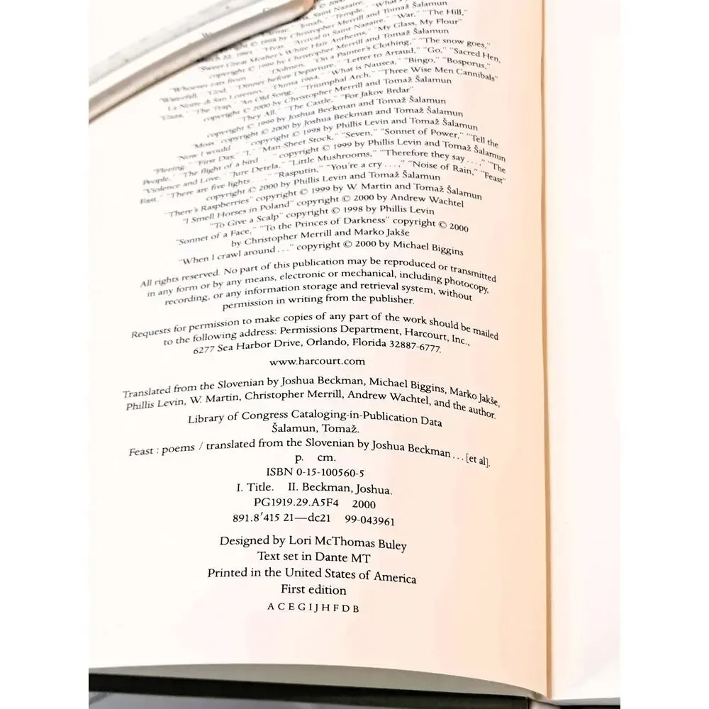 Feast: Poems of Tomaž Šalamun (2000 1st English Ed. HC in DJ)